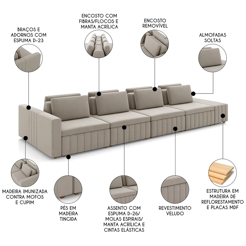 Sofá Ilha e Puff Sala Living 465cm Siesta Z32 Veludo Bege  - Mpozenato