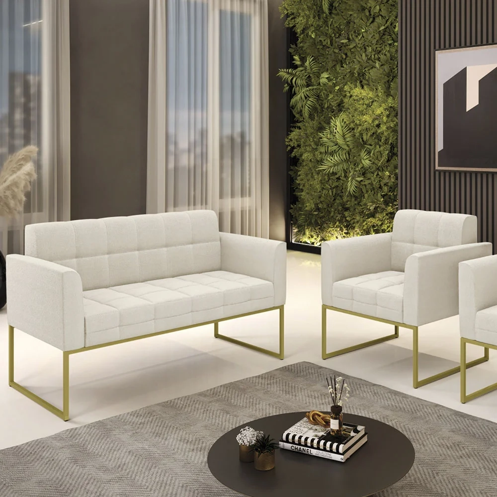 Namoradeira e Poltrona Industrial Dourado Ana Boucle Bege - Ibiza