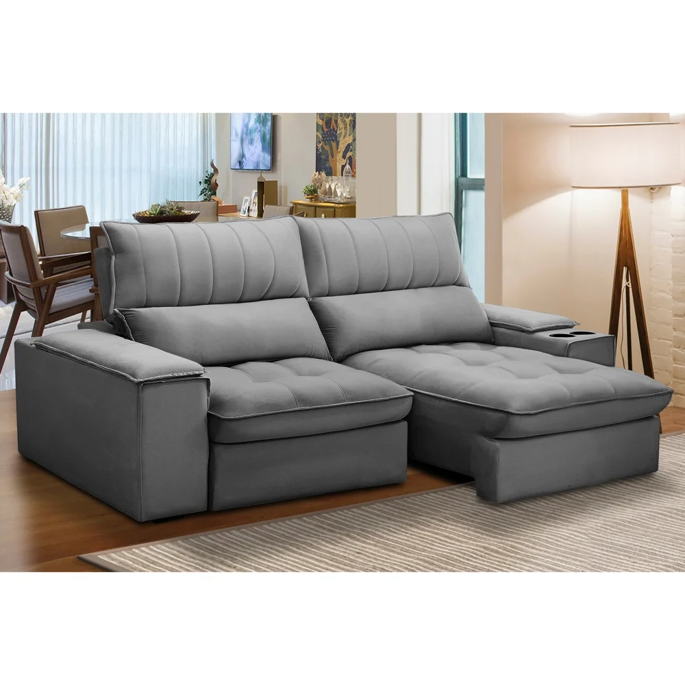 Sofá Retrátil 3 Lugares com Porta Copo 210cm Andes F05 Veludo Cinza - Mpozenato