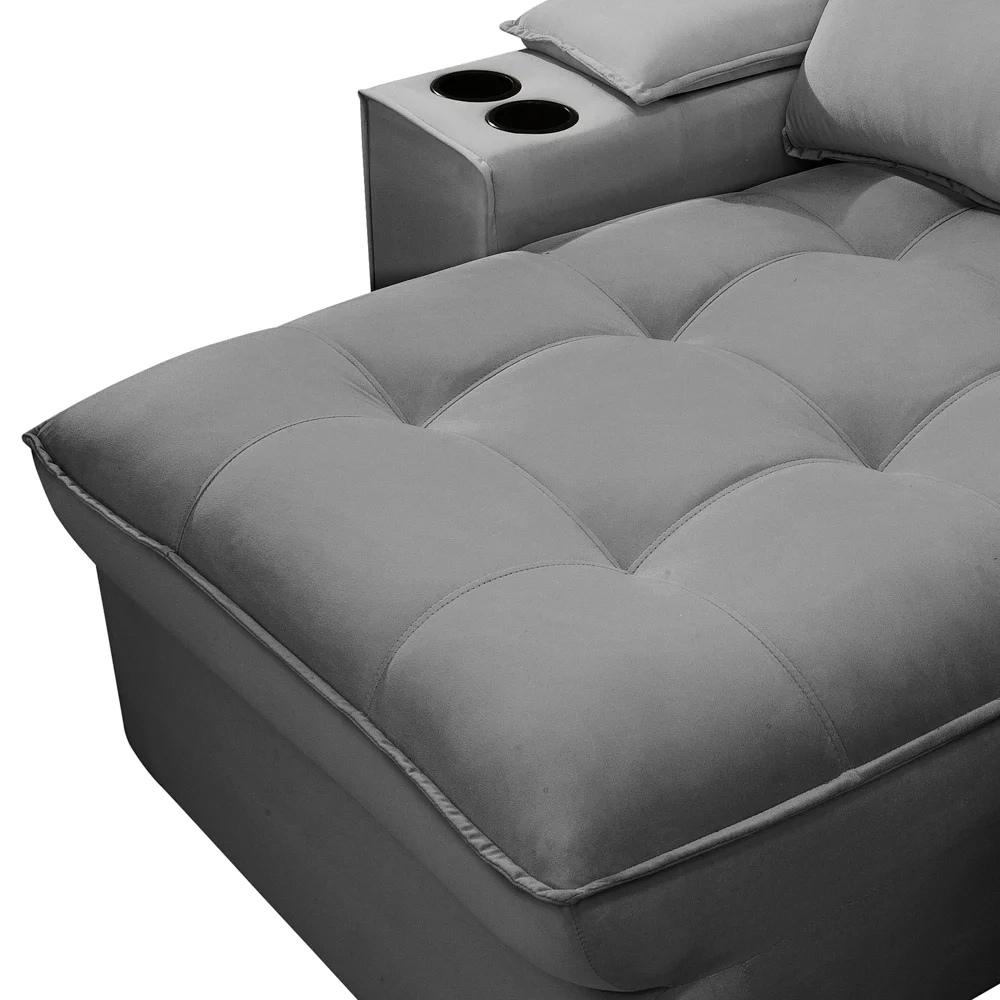 Sofá Retrátil 3 Lugares com Porta Copo 210cm Andes F05 Veludo Cinza - Mpozenato