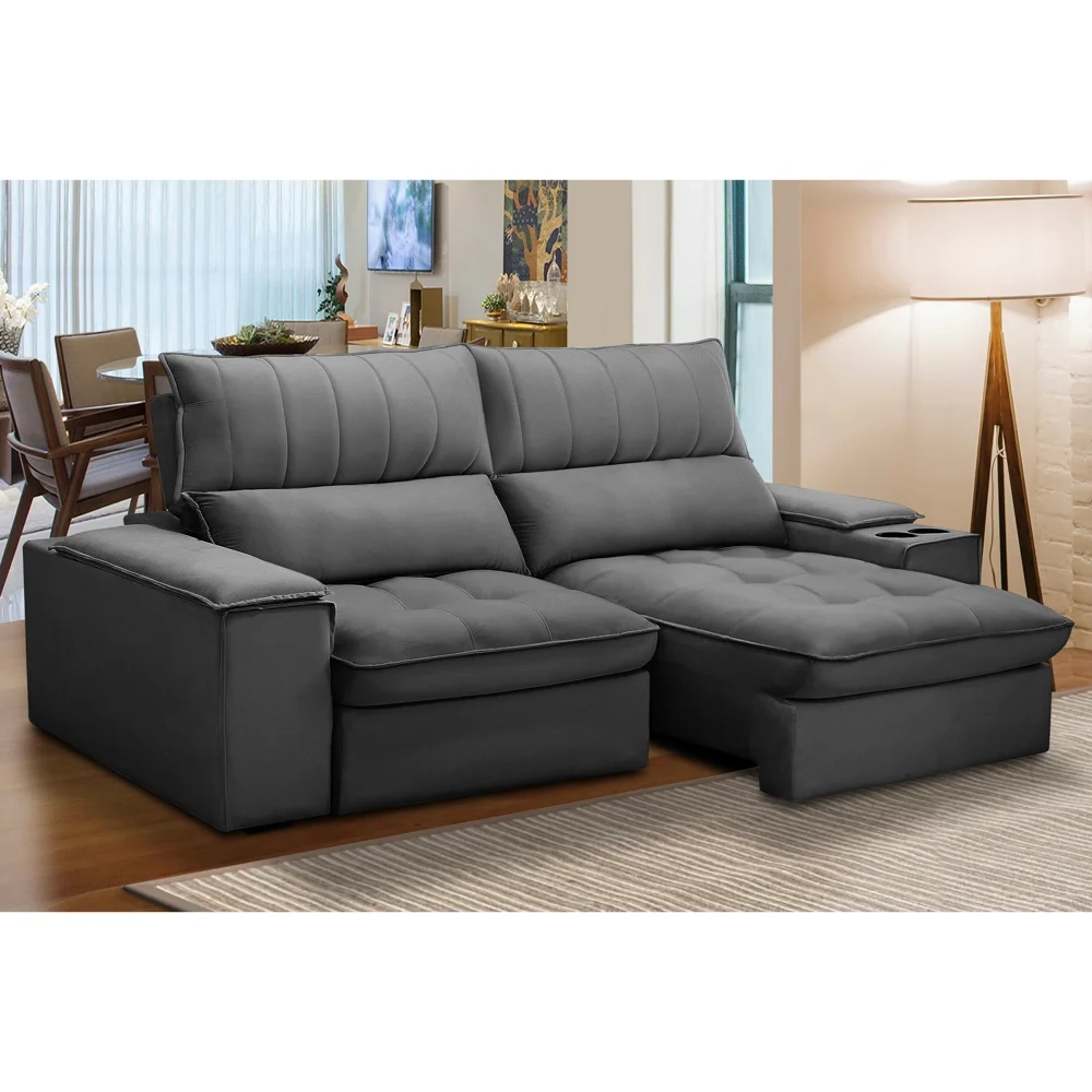 Sofá Retrátil 3 Lugares com Porta Copo 210cm Andes F05 Veludo Grafite - Mpozenato