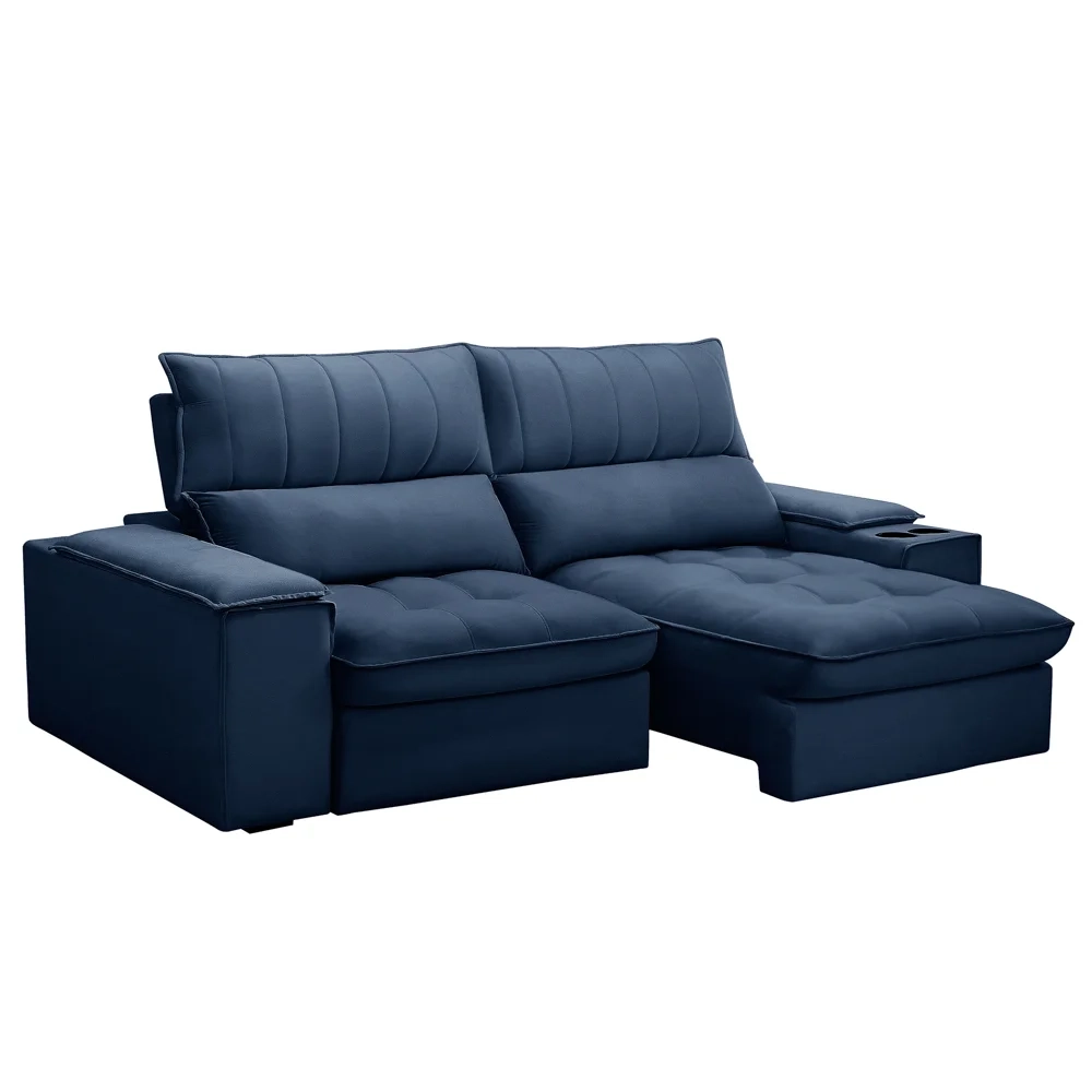 Sofá Retrátil 3 Lugares com Porta Copo 210cm Andes F05 Veludo Azul - Mpozenato