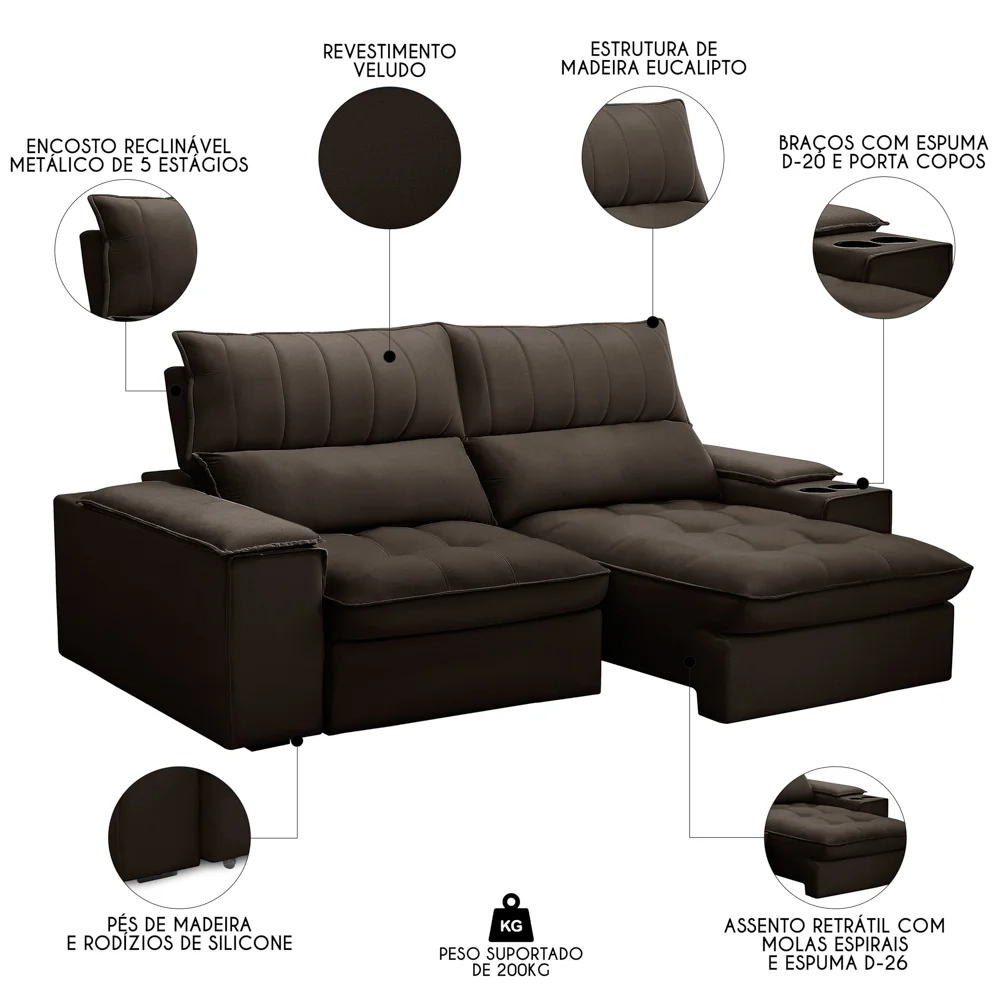 Sofá Retrátil 3 Lugares com Porta Copo 210cm Andes F05 Veludo Marrom Escuro - Mpozenato