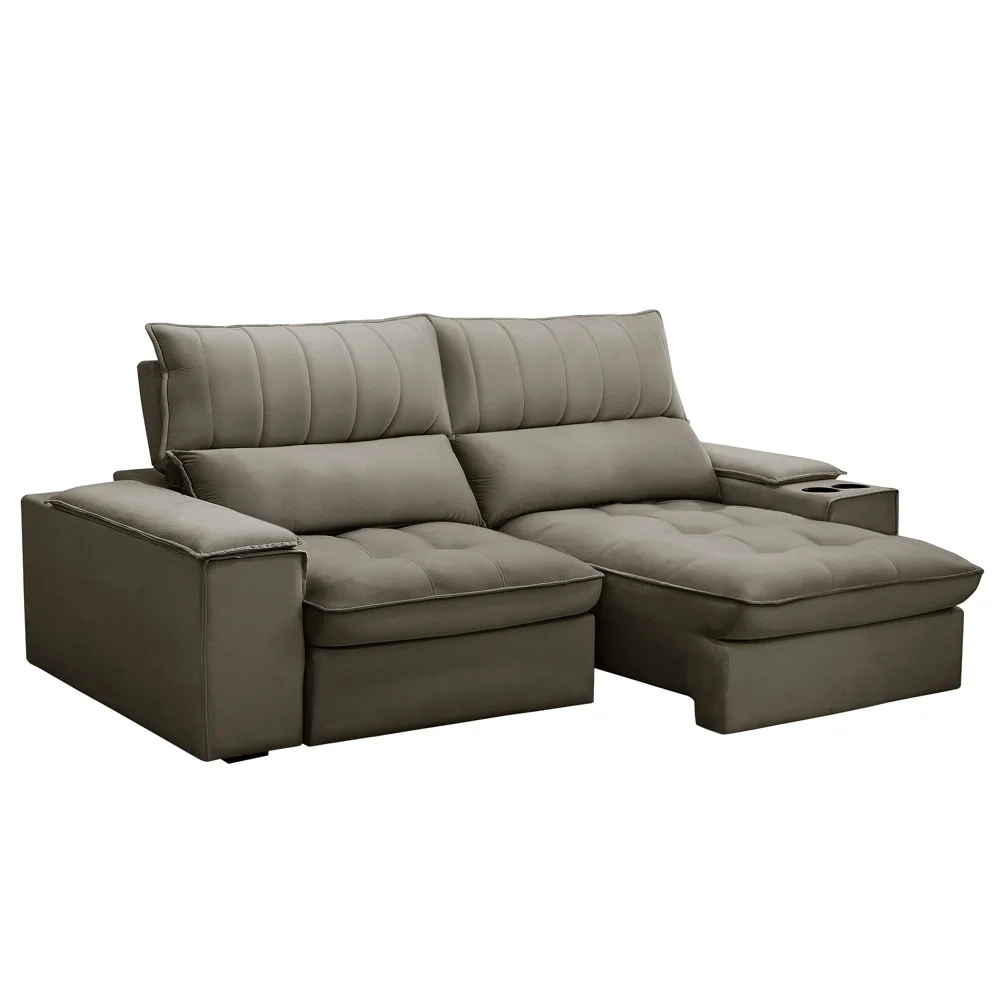 Sofá Retrátil 3 Lugares com Porta Copo 210cm Andes F05 Veludo Marrom - Mpozenato