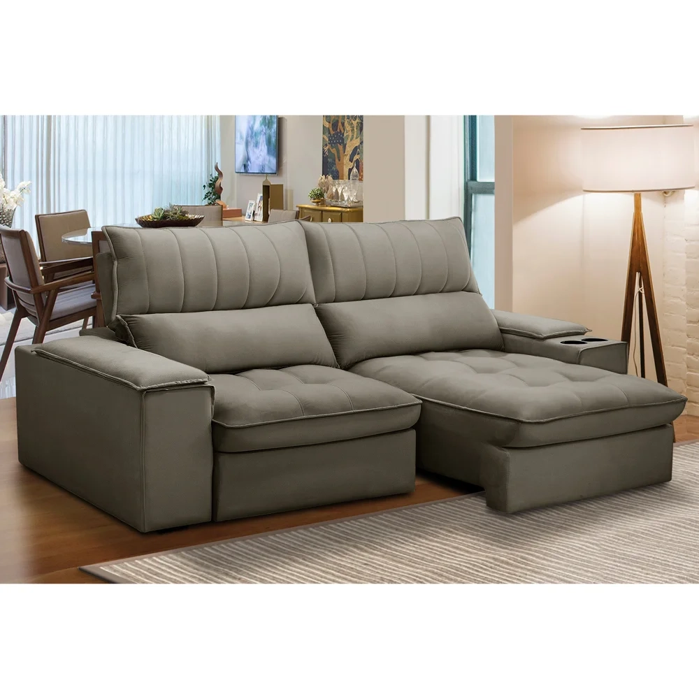 Sofá Retrátil 3 Lugares com Porta Copo 210cm Andes F05 Veludo Marrom - Mpozenato