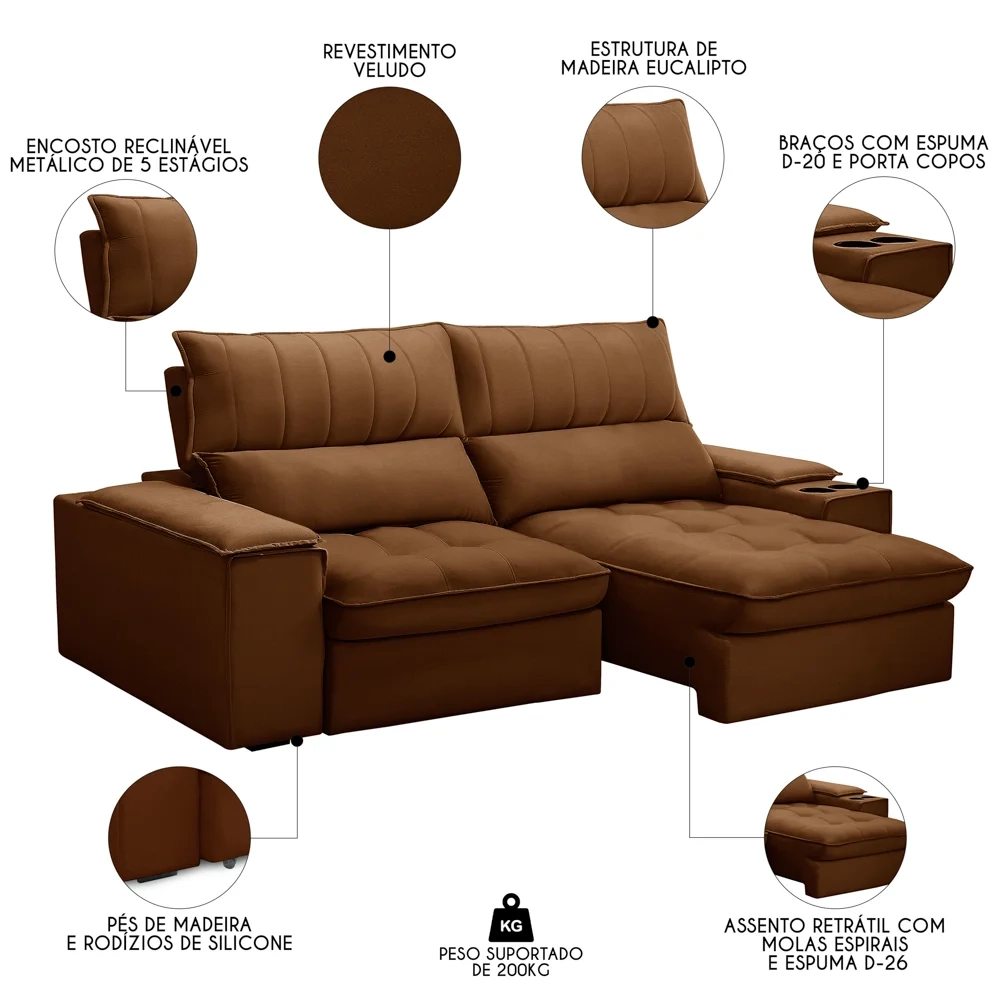 Sofá Retrátil 3 Lugares com Porta Copo 210cm Andes F05 Veludo Terracota - Mpozenato