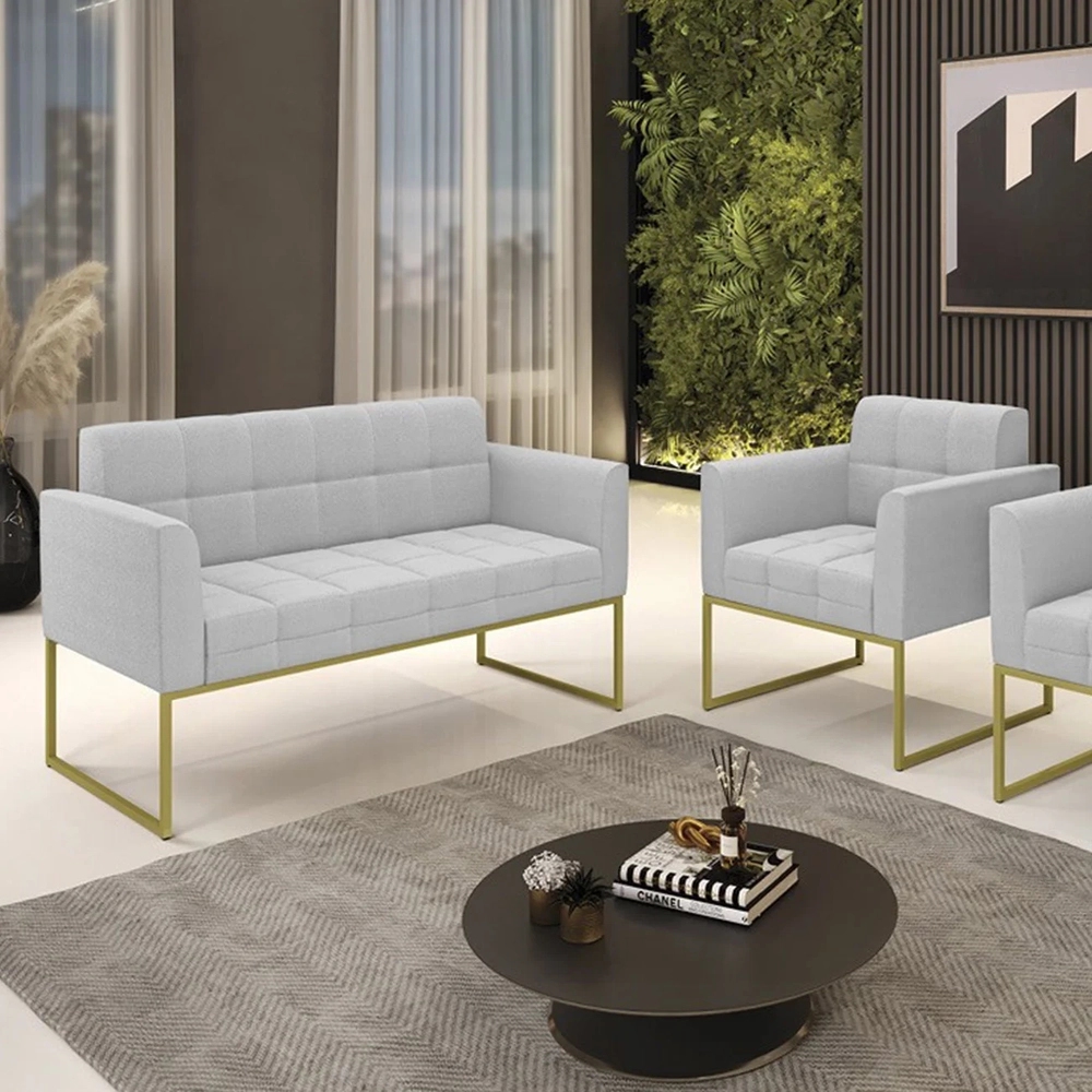 Namoradeira e Poltrona Industrial Dourado Ana Boucle Cinza - Ibiza