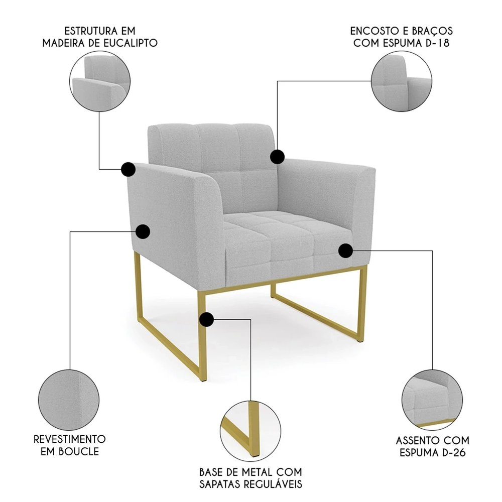 Namoradeira e Poltrona Industrial Dourado Ana Boucle Cinza - Ibiza