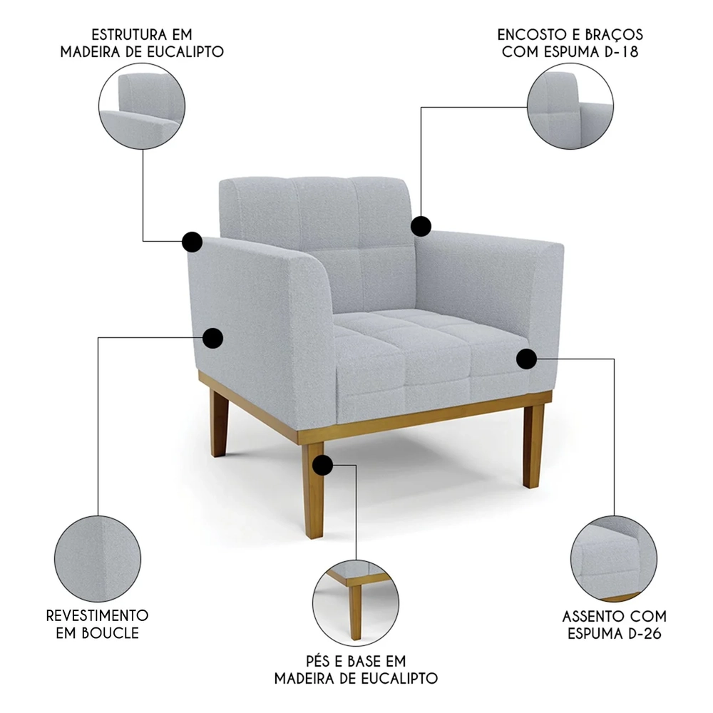 Namoradeira e 2 Poltronas Base Madeira Castanho Ana Boucle Cinza - Ibiza