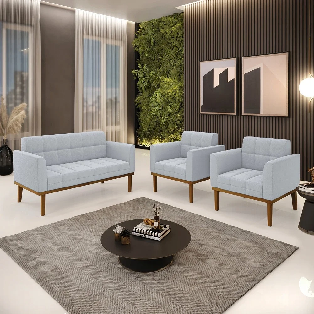 Namoradeira e 2 Poltronas Base Madeira Castanho Ana Boucle Cinza - Ibiza