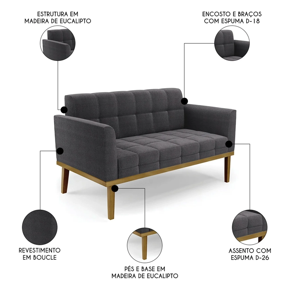 Namoradeira e 2 Poltronas Base Madeira Castanho Ana Boucle Grafite - Ibiza