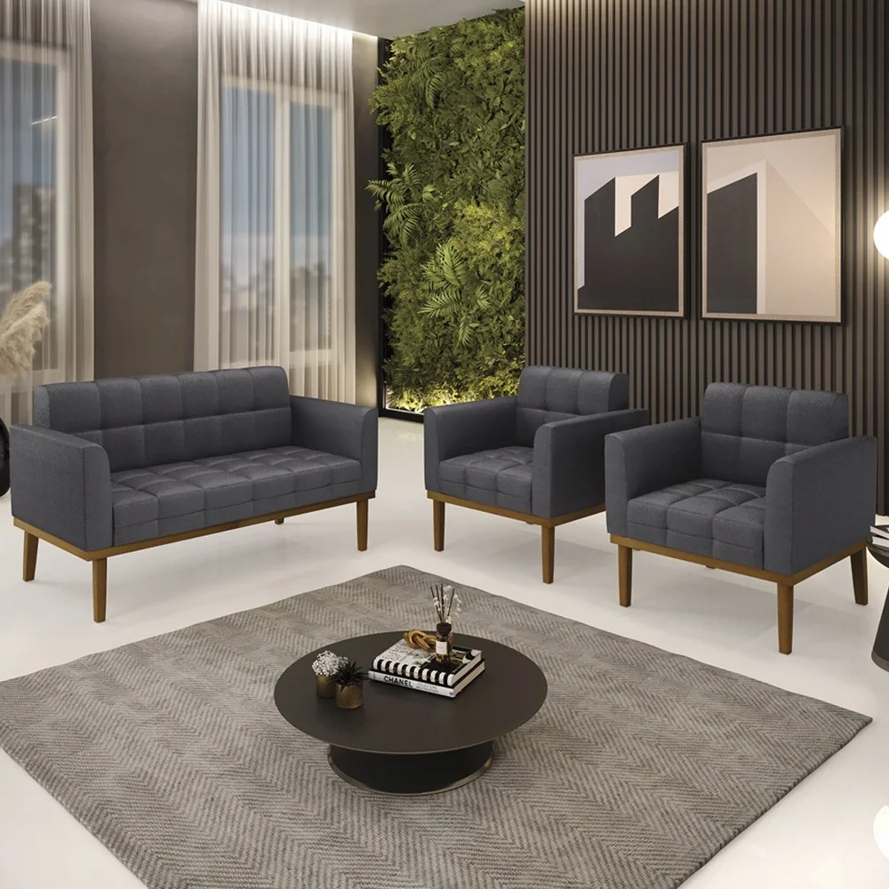 Namoradeira e 2 Poltronas Base Madeira Castanho Ana Boucle Grafite - Ibiza