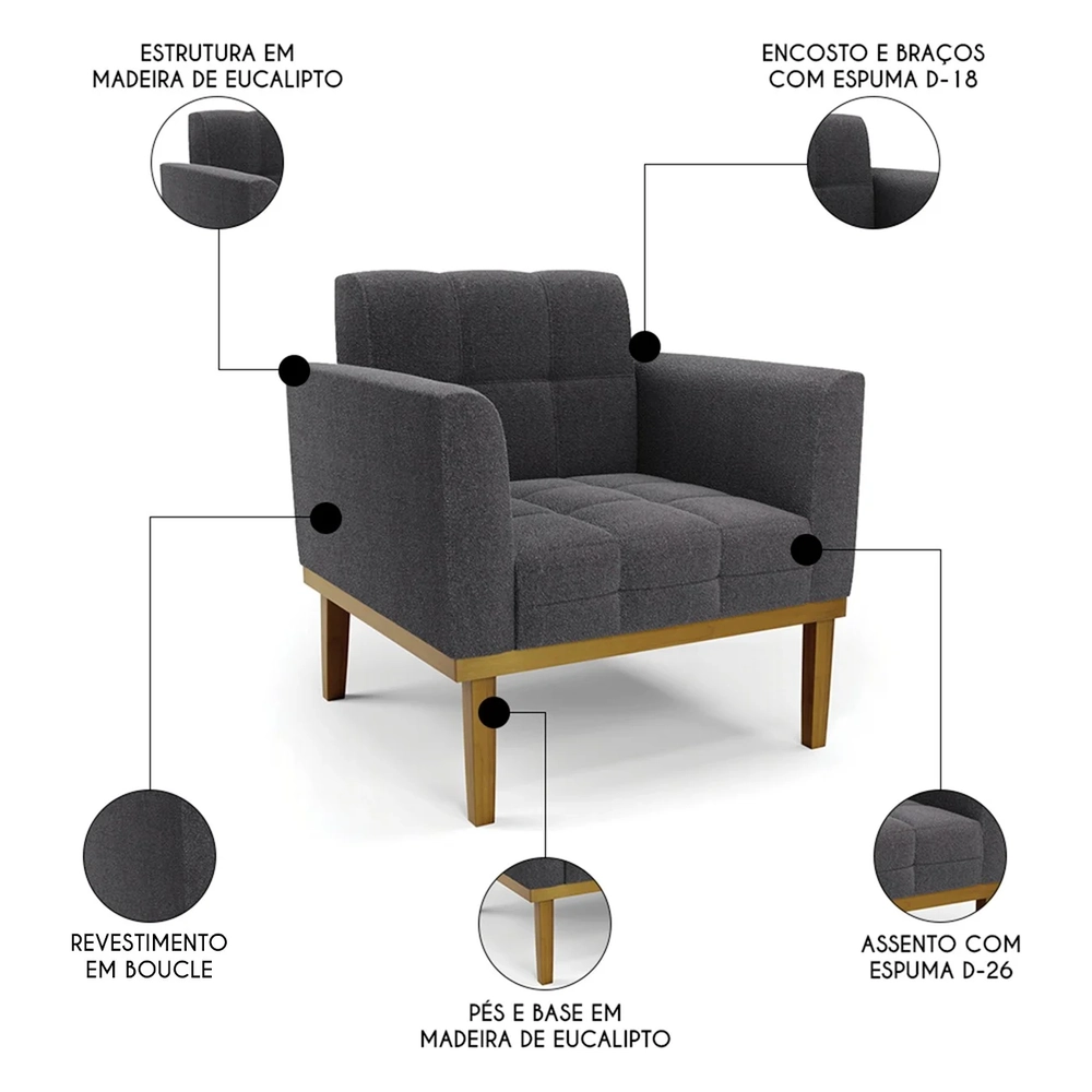 Namoradeira e 2 Poltronas Base Madeira Castanho Ana Boucle Grafite - Ibiza