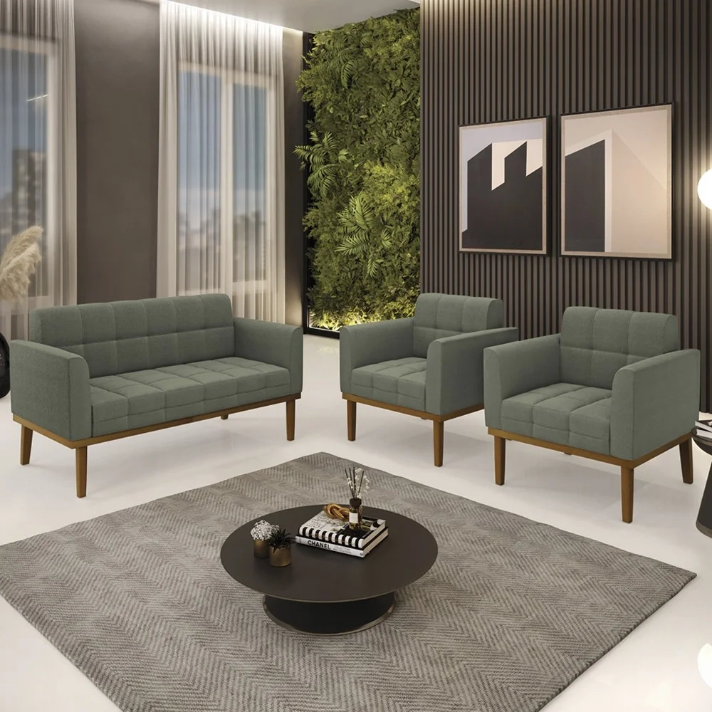 Namoradeira e 2 Poltronas Base Madeira Castanho Ana Boucle Menta - Ibiza