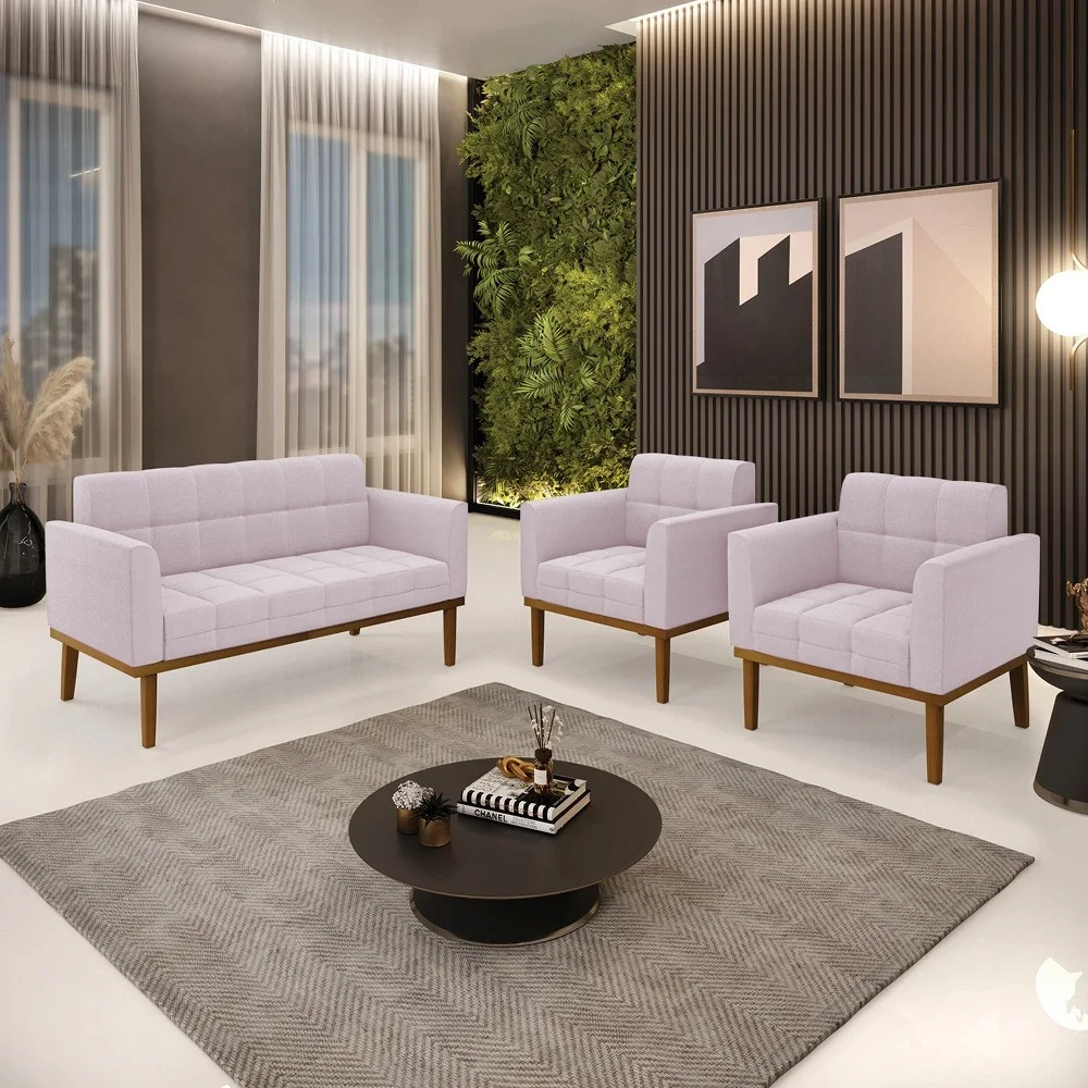 Namoradeira e 2 Poltronas Base Madeira Castanho Ana Boucle Rosê - Ibiza