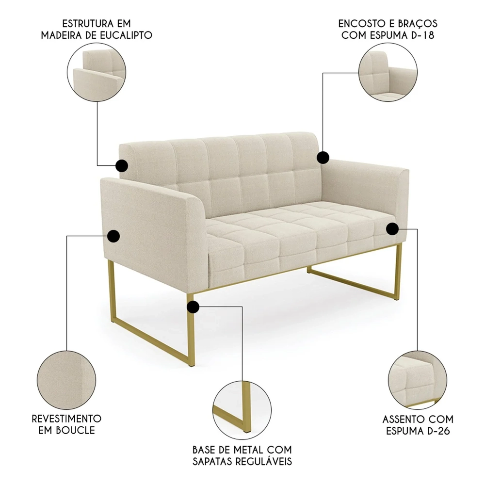 Sofá Namoradeira Base Industrial Dourado Ana Boucle Bege - Ibiza