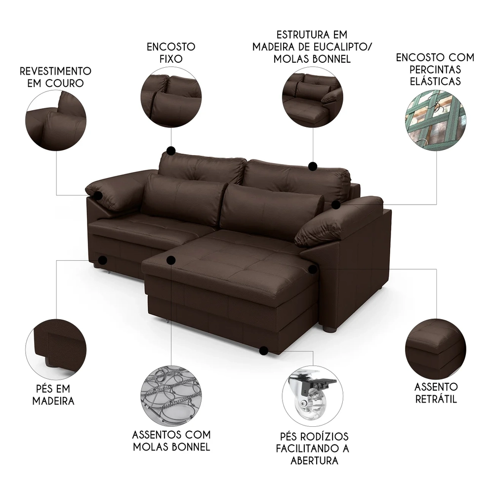 Sofá Retrátil 2 Lugares Para Sala 175cm Dijon Couro Caramelo S07 - Mpozenato