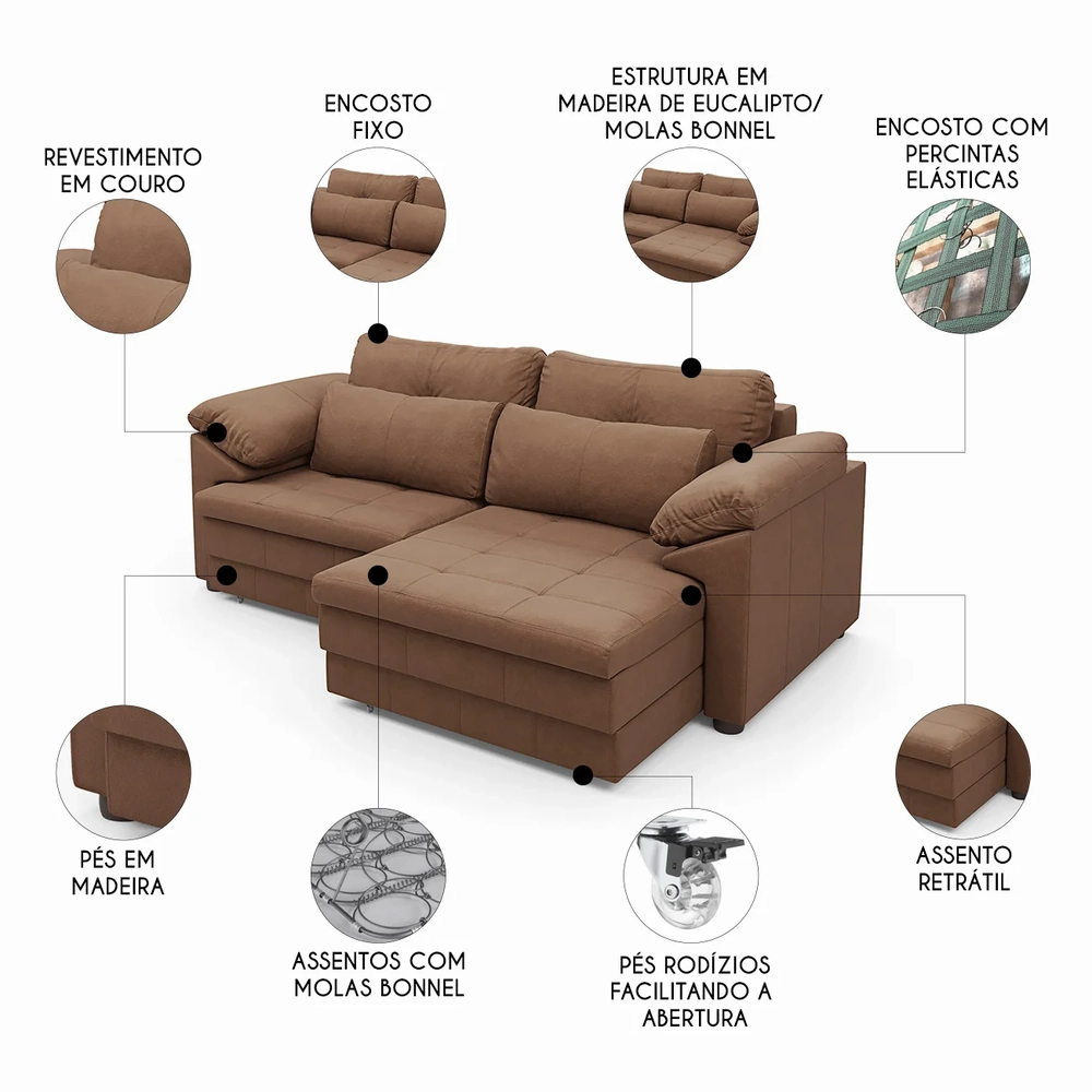 Sofá Retrátil 2 Lugares Para Sala 215cm Dijon Couro Mel S07 - Mpozenato