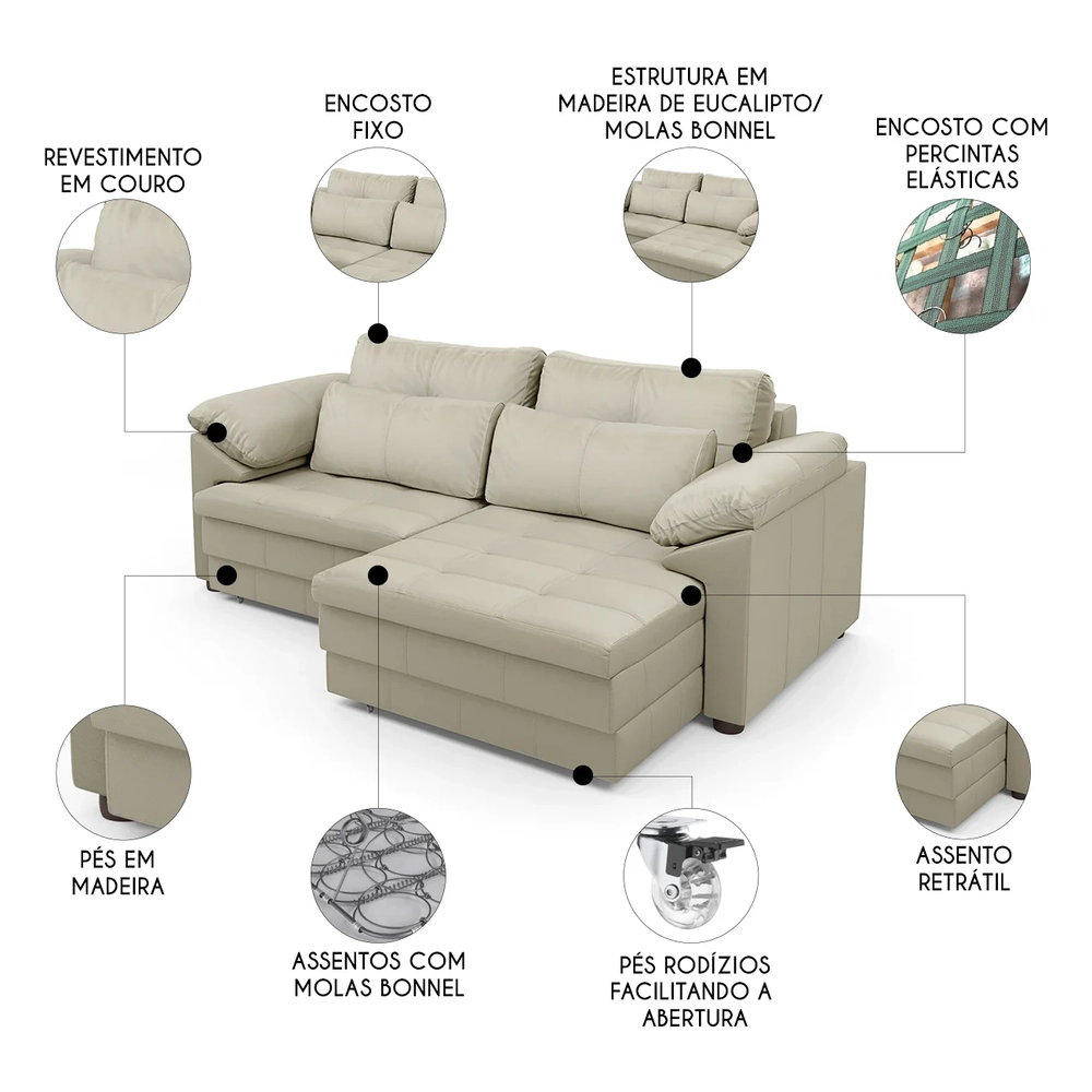 Sofá Retrátil 3 Lugares Para Sala 250cm Dijon Couro Creme S07 - Mpozenato