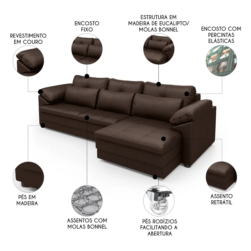 Sofá Retrátil 3 Lugares Para Sala 257cm Dijon Couro Caramelo S07 - Mpozenato