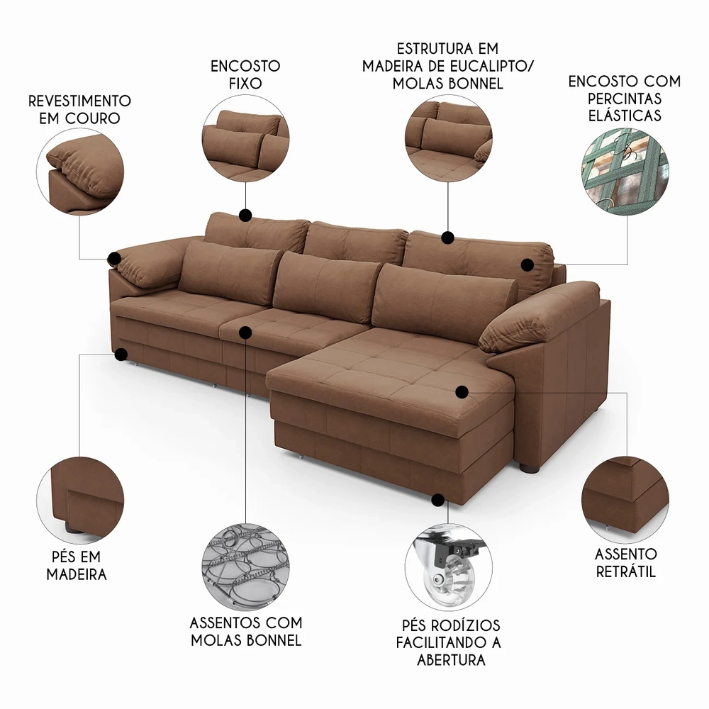 Sofá Retrátil 3 Lugares Para Sala 297cm Dijon Couro Mel S07 - Mpozenato