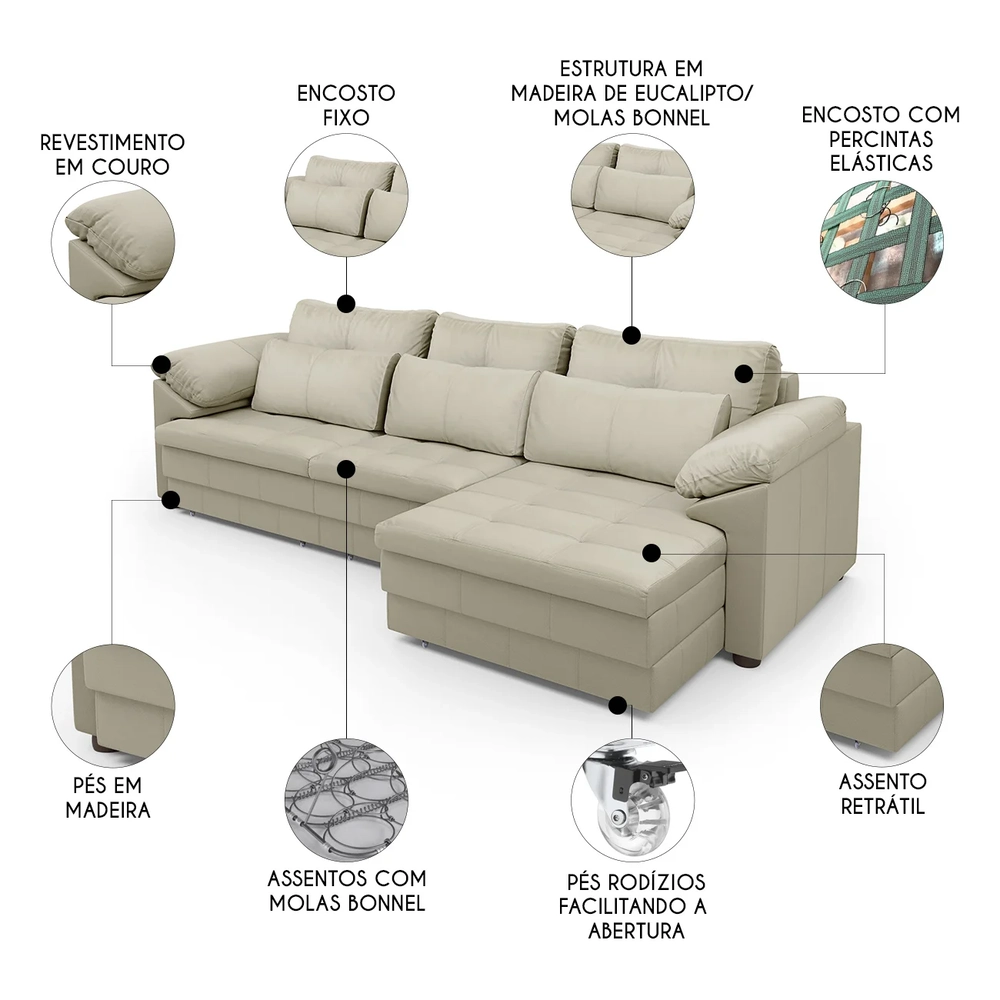 Sofá Retrátil 3 Lugares Para Sala 297cm Dijon Couro Creme S07 - Mpozenato