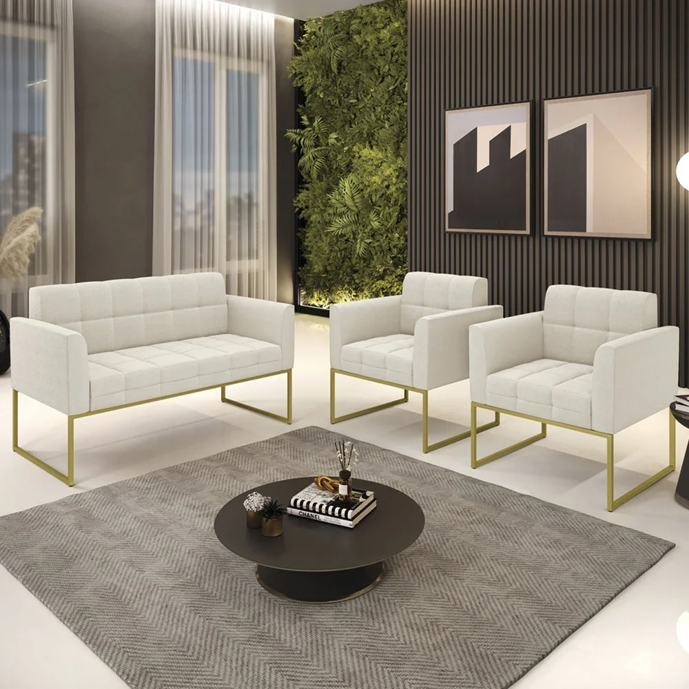 Namoradeira e 2 Poltronas Industrial Dourado Ana Boucle Bege - Ibiza