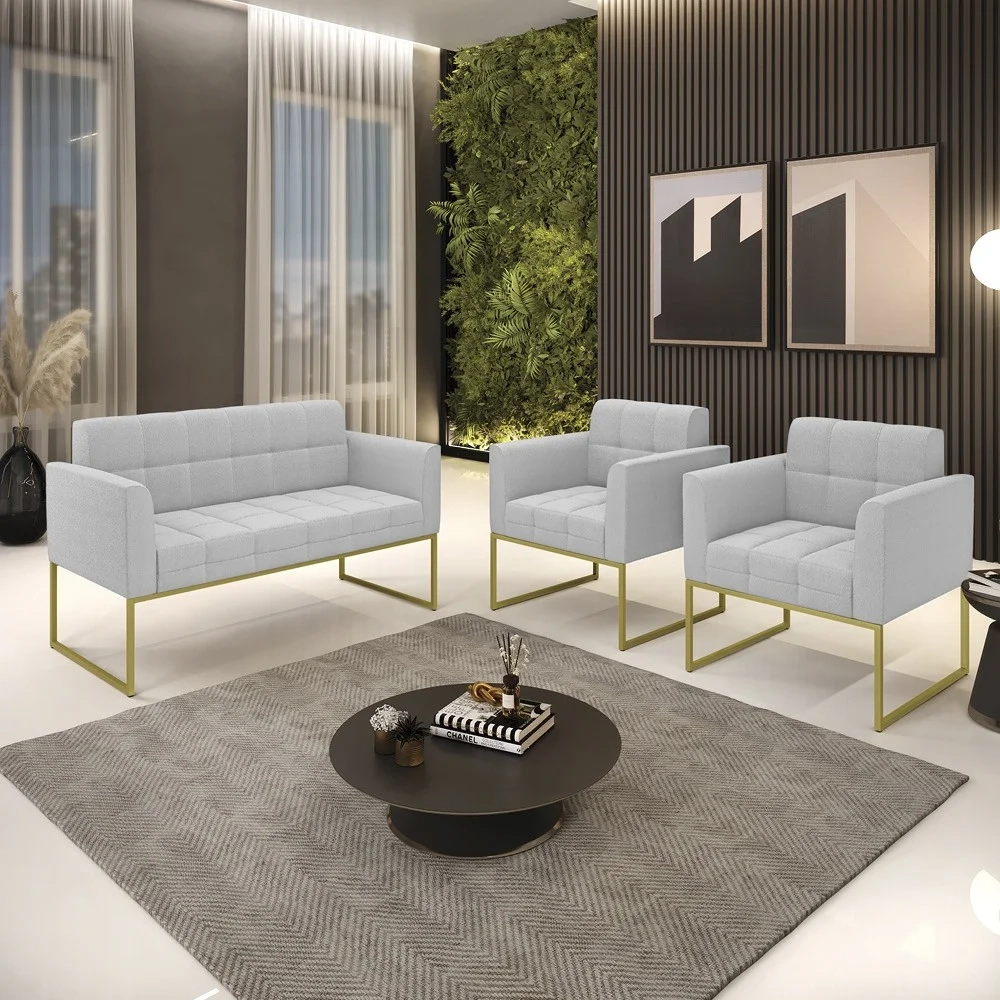 Namoradeira e 2 Poltronas Industrial Dourado Ana Boucle Cinza - Ibiza