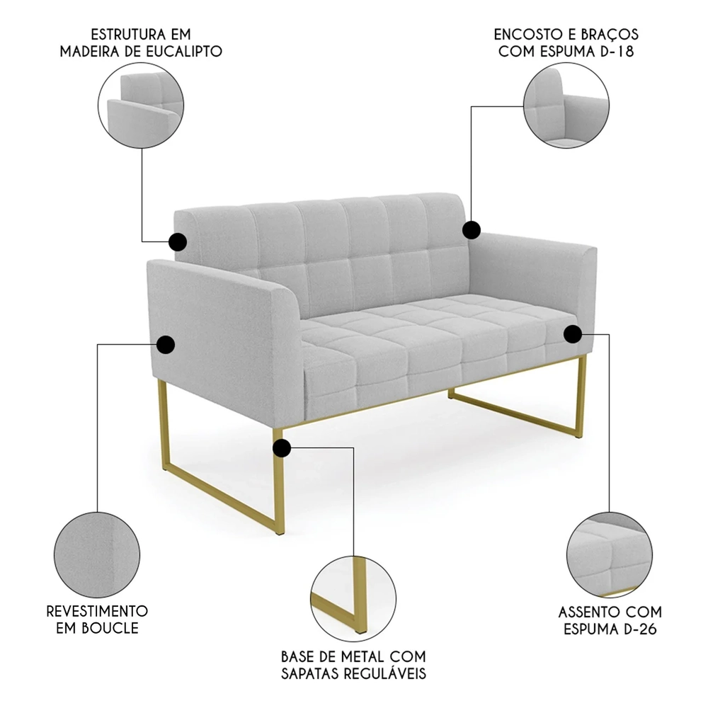Namoradeira e 2 Poltronas Industrial Dourado Ana Boucle Cinza - Ibiza