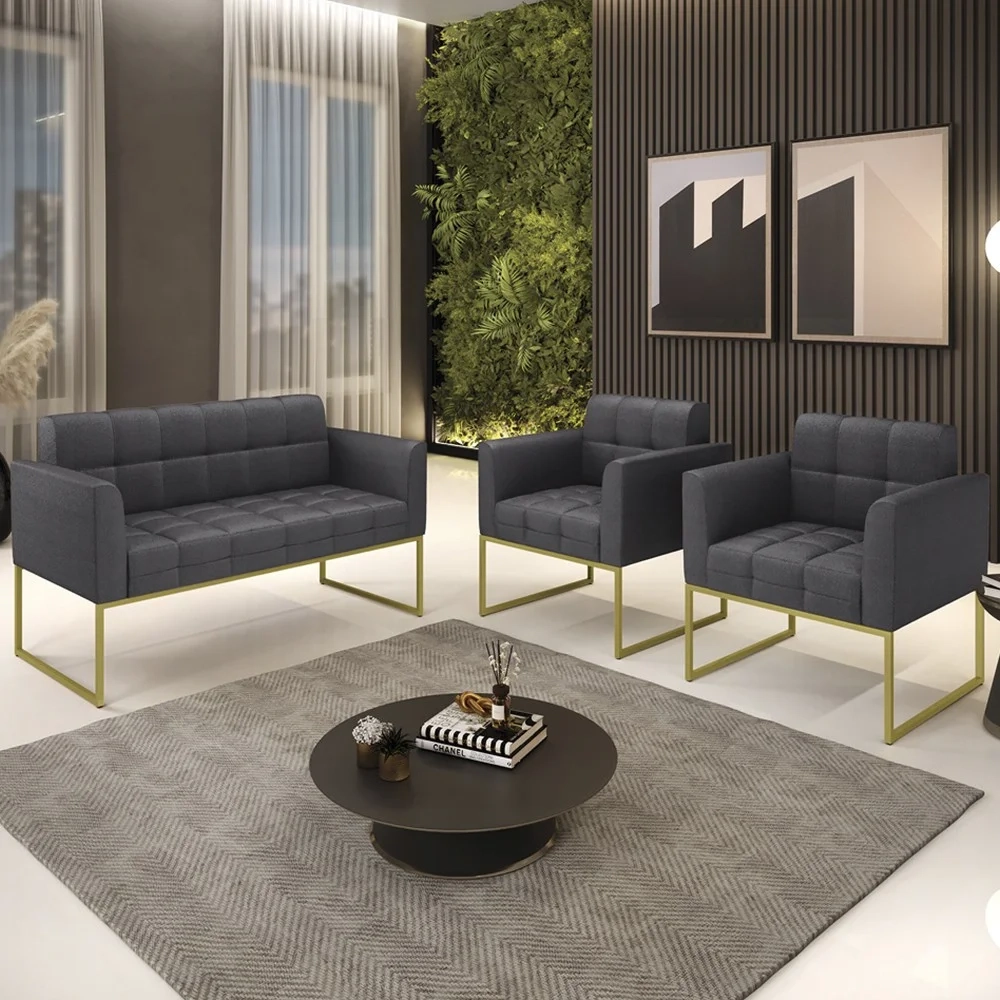 Namoradeira e 2 Poltronas Industrial Dourado Ana Boucle Grafite - Ibiza