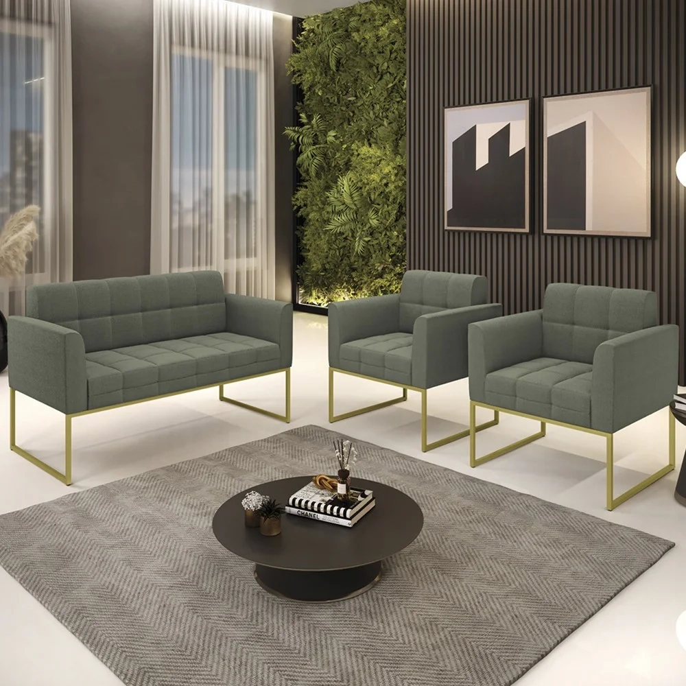 Namoradeira e 2 Poltronas Industrial Dourado Ana Boucle Menta - Ibiza