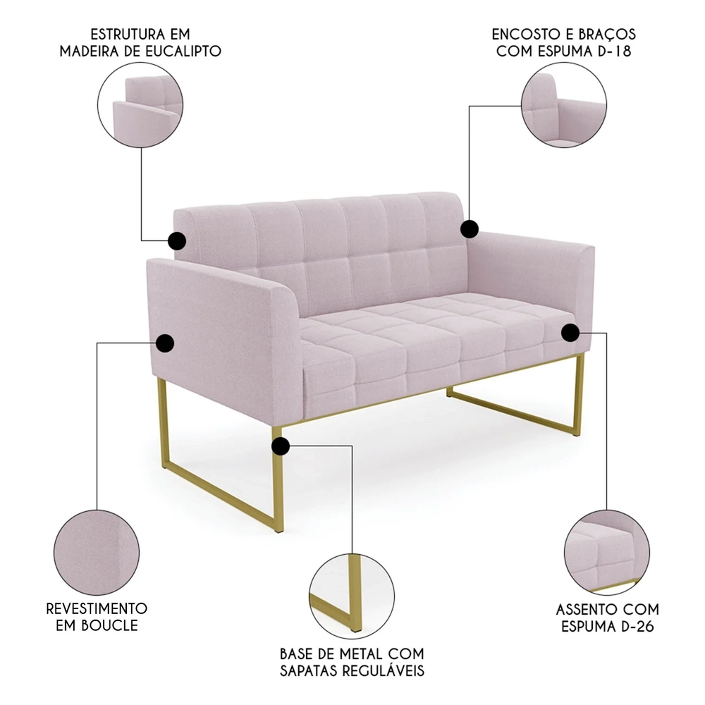 Namoradeira e 2 Poltronas Industrial Dourado Ana Boucle Rosê - Ibiza