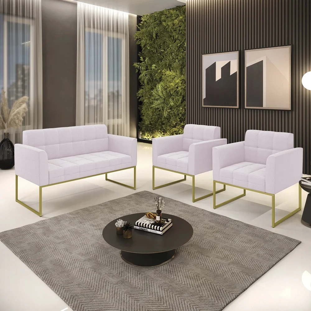 Namoradeira e 2 Poltronas Industrial Dourado Ana Boucle Rosê - Ibiza