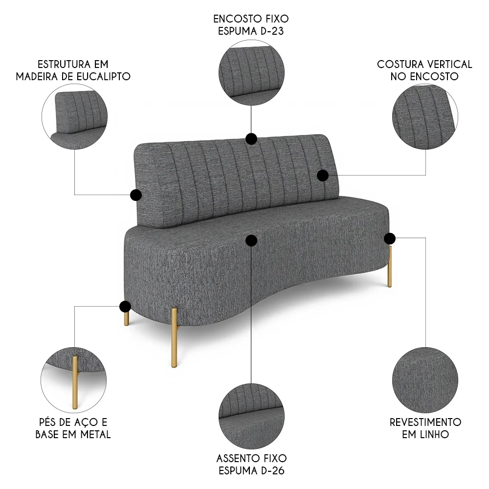 Sofá 2 Lugares 135cm Pés Aço Dourado Tamar Linho Grafite Z08 - Mpozenato