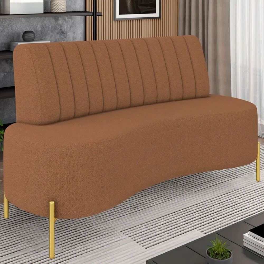 Sofá 2 Lugares 135cm Pés Aço Dourado Tamar Boucle Terracota Z08 - Mpozenato