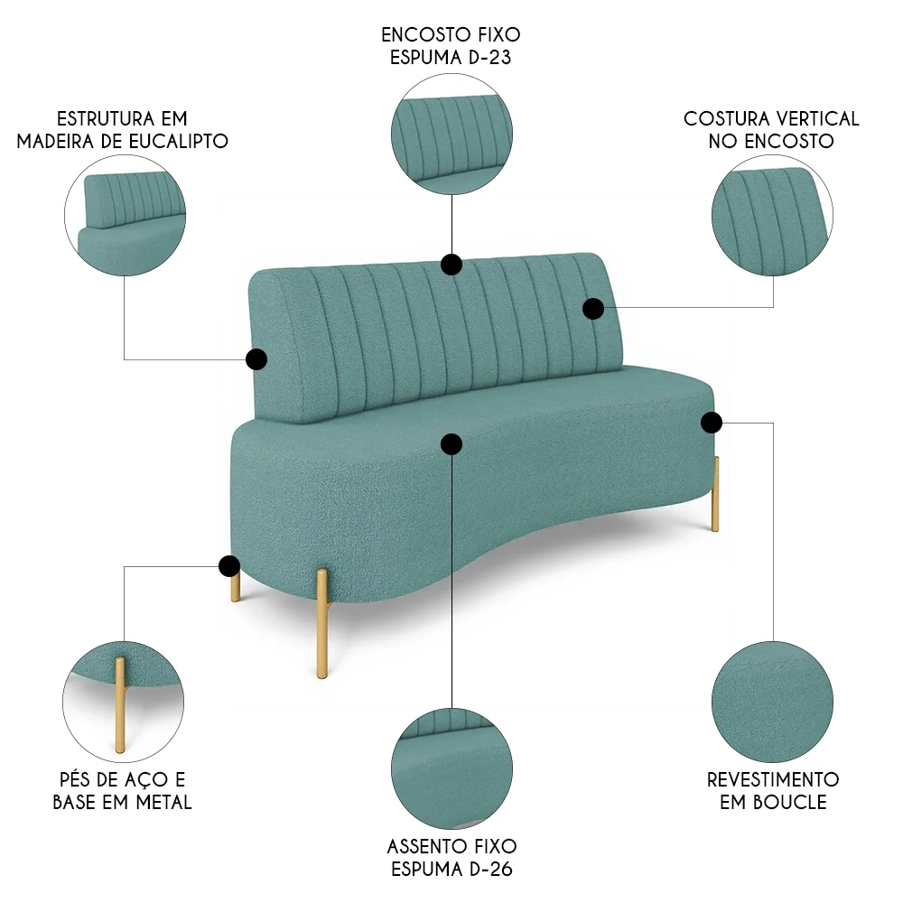 Sofá 2 Lugares 135cm Pés Aço Dourado Tamar Boucle Azul Z08  - Mpozenato