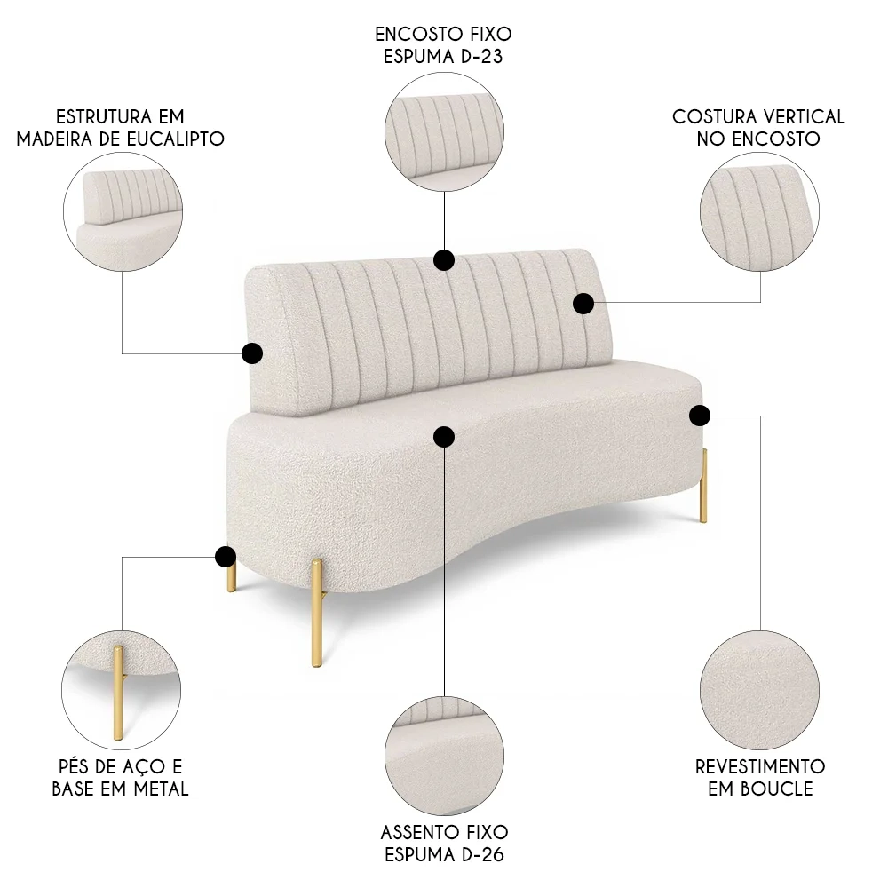 Sofá 2 Lugares 135cm Pés Aço Dourado Tamar Boucle Bege Z08  - Mpozenato