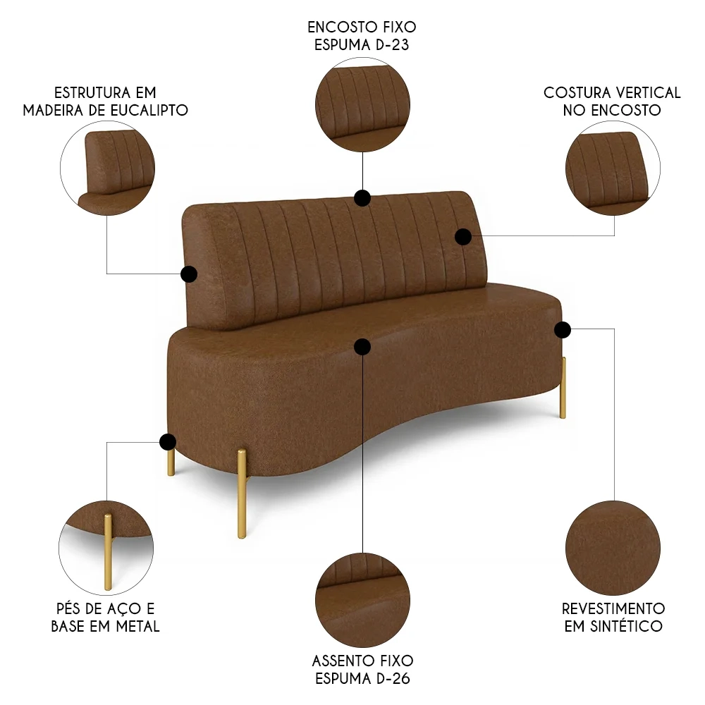 Sofá 2 Lugares 135cm Pés Aço Dourado Tamar Sintético Marrom Z08 - Mpozenato