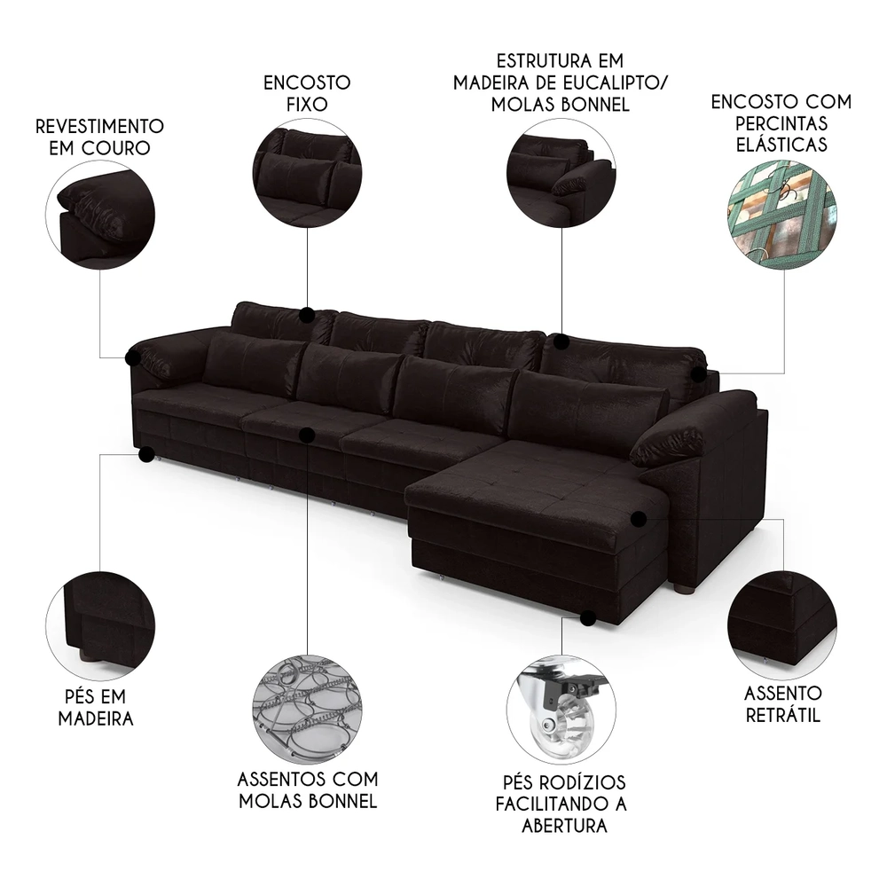 Sofá Retrátil 4 Lugares Para Sala 339cm Dijon Couro Bordô S07 - Mpozenato