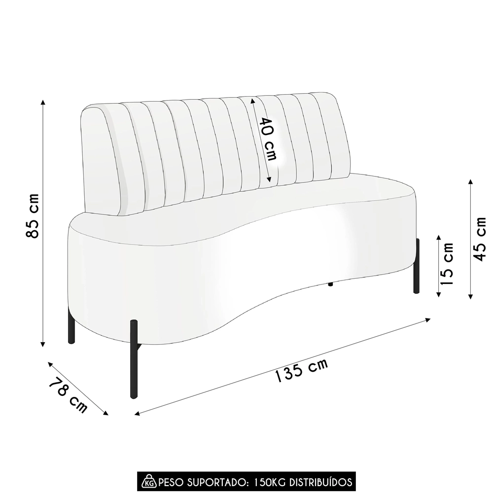 Sofá 2 Lugares 135cm Pés Aço Dourado Tamar Sintético Preto Z08 - Mpozenato