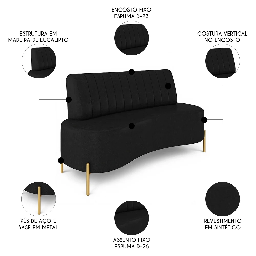 Sofá 2 Lugares 135cm Pés Aço Dourado Tamar Sintético Preto Z08 - Mpozenato