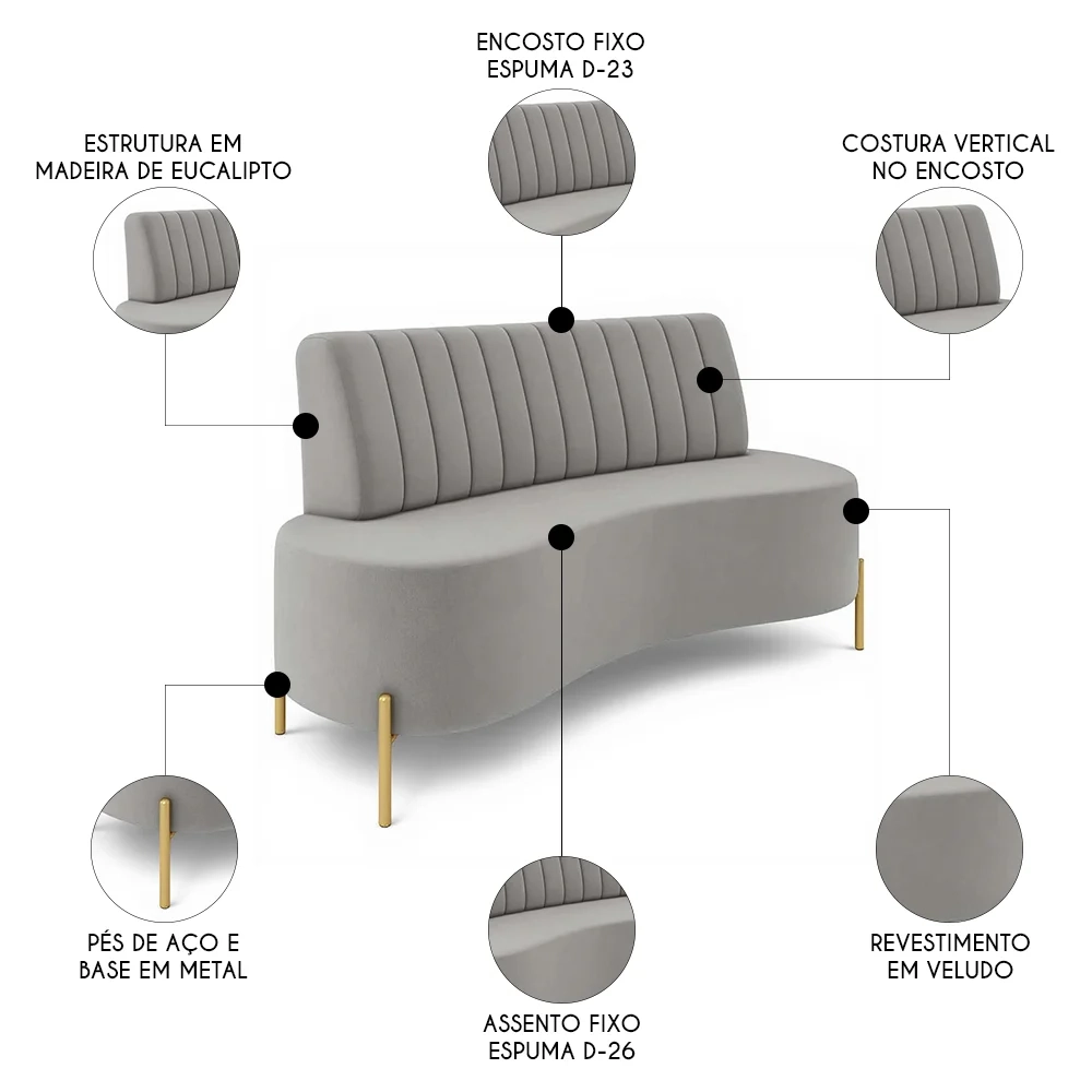Sofá 2 Lugares 160cm Pés Aço Dourado Tamar Veludo Cinza Z08 - Mpozenato