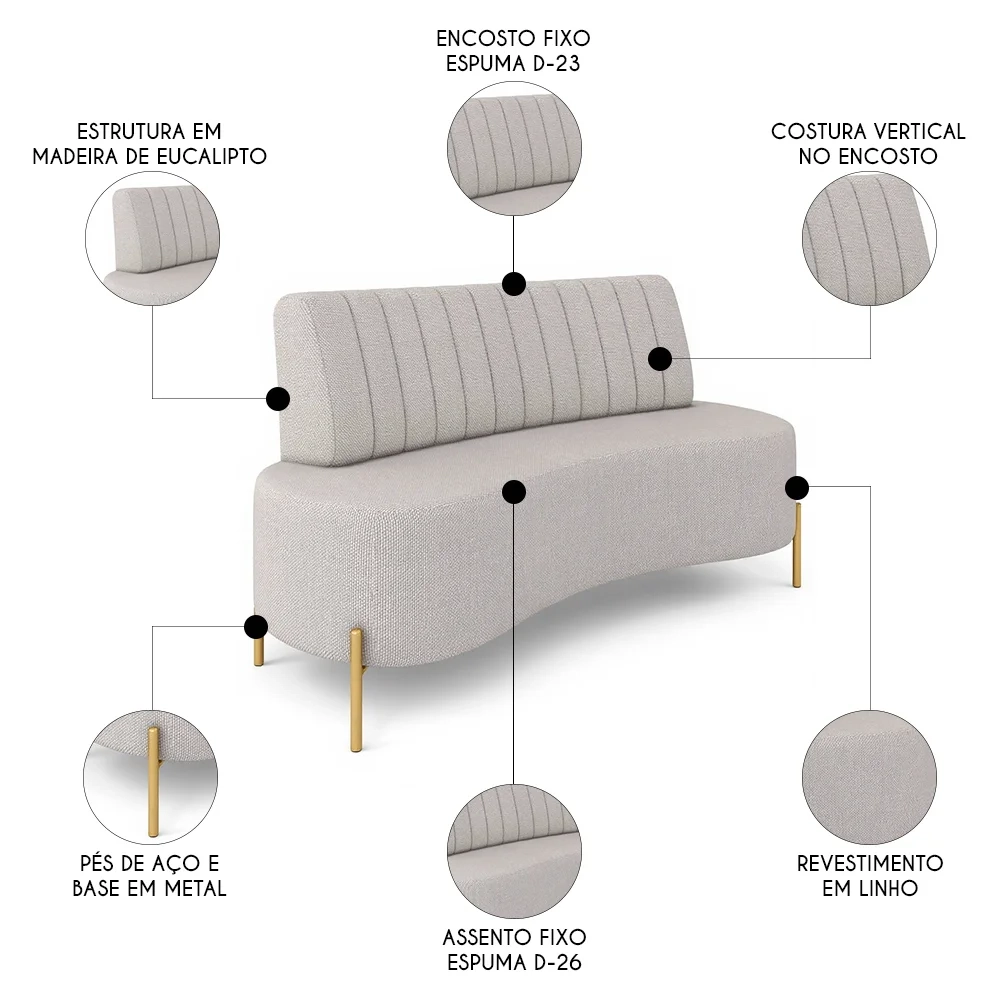 Sofá 2 Lugares 160cm Pés Aço Dourado Tamar Linho Areia Z08  - Mpozenato