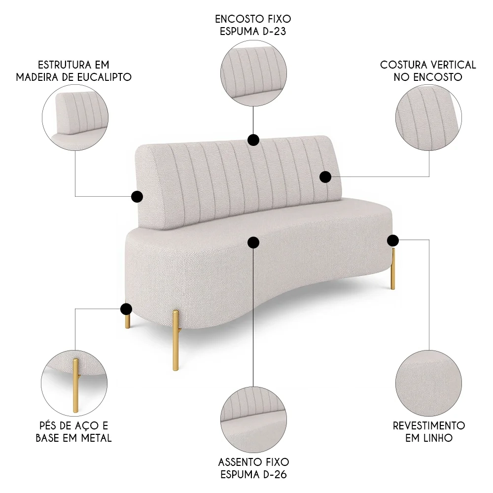 Sofá 2 Lugares 160cm Pés Aço Dourado Tamar Linho Bege Z08   - Mpozenato