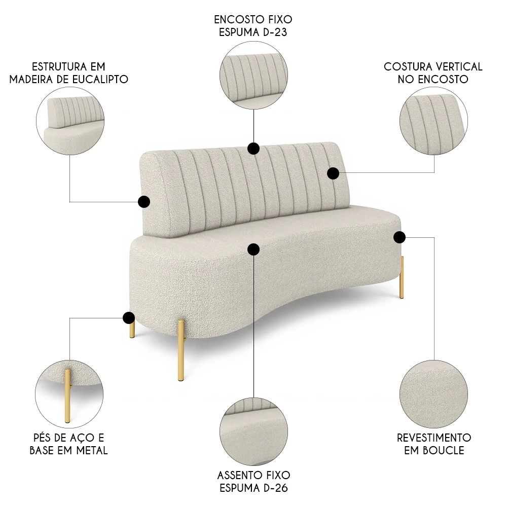 Sofá 2 Lugares 160cm Pés Aço Dourado Tamar Boucle Areia Z08 - Mpozenato