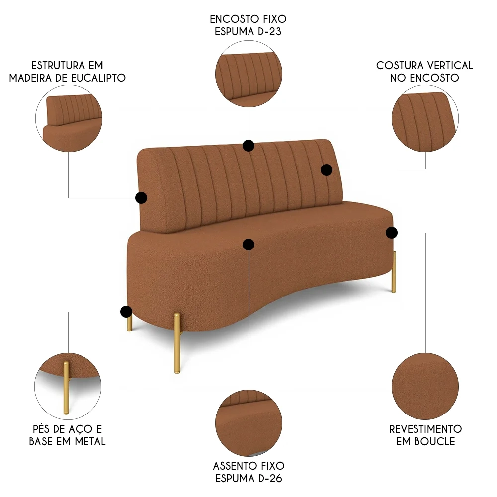 Sofá 2 Lugares 160cm Pés Aço Dourado Tamar Boucle Terracota Z08 - Mpozenato