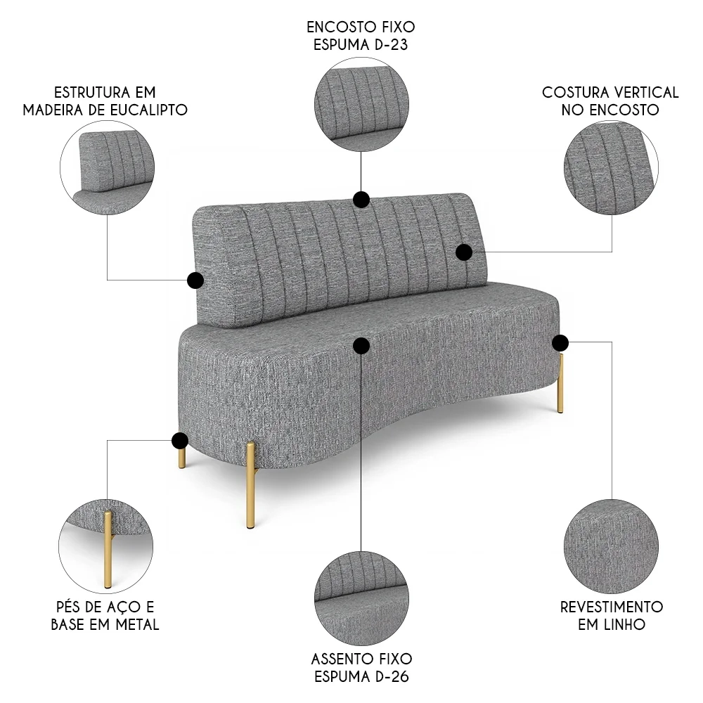 Sofá 2 Lugares 160cm Pés Aço Dourado Tamar Linho Cinza Z08  - Mpozenato