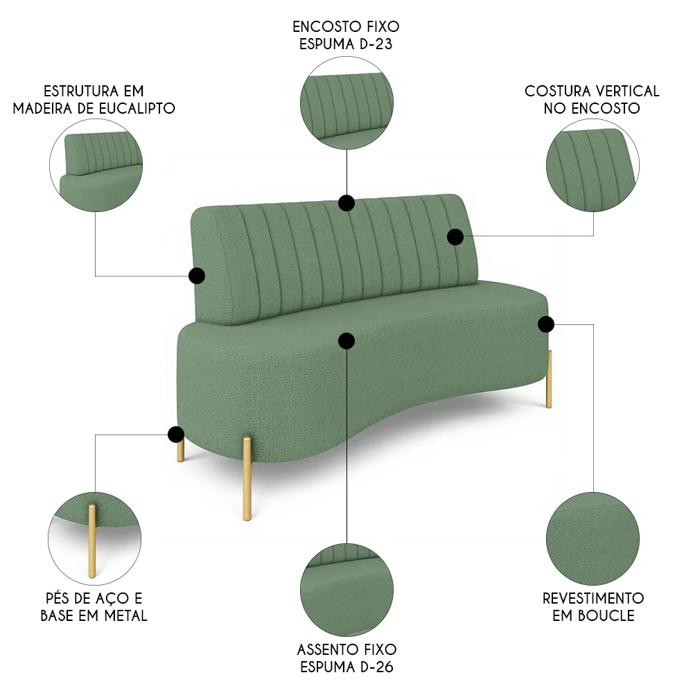 Sofá 2 Lugares 160cm Pés Aço Dourado Tamar Boucle Verde Z08 - Mpozenato