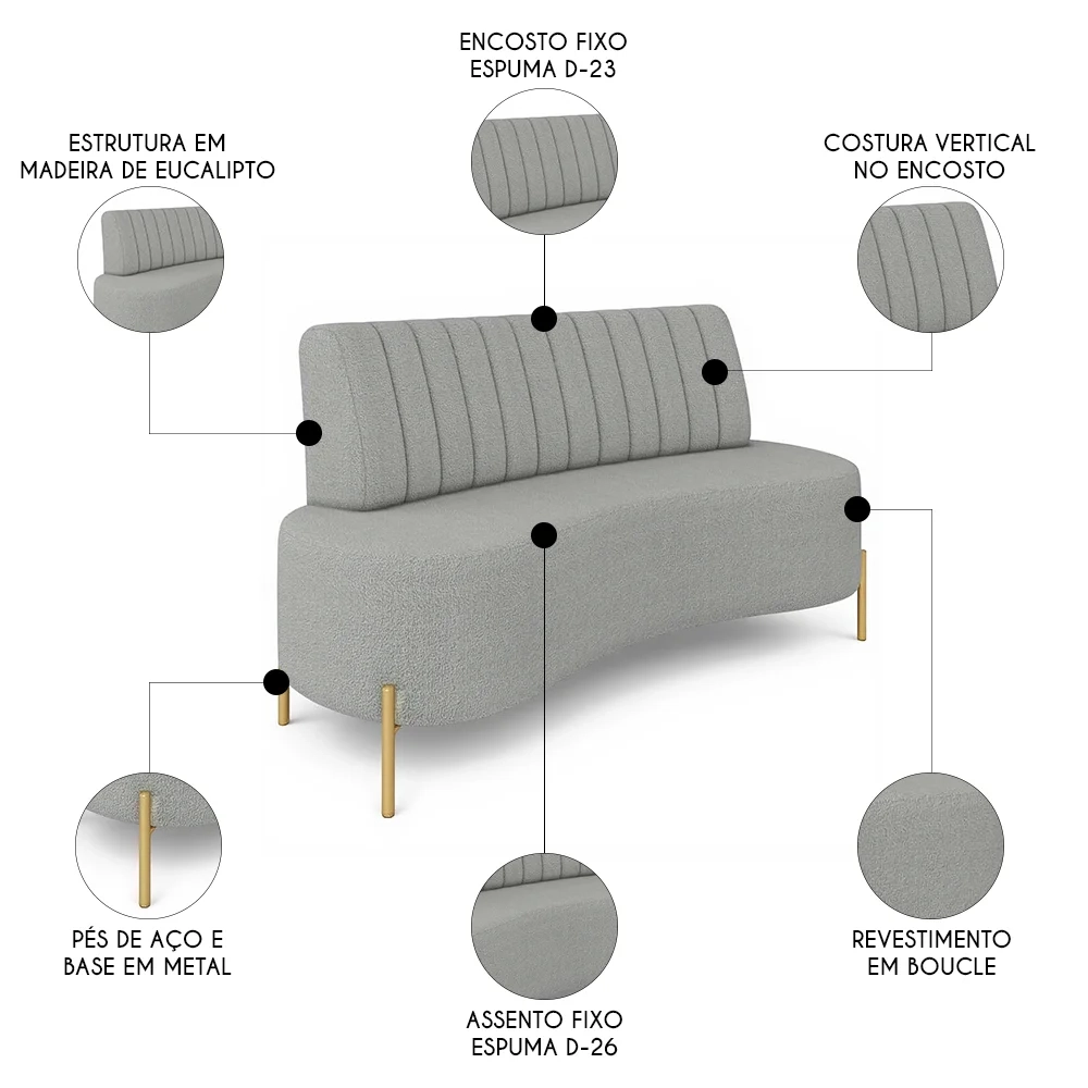 Sofá 2 Lugares 160cm Pés Aço Dourado Tamar Boucle Cinza Z08 - Mpozenato