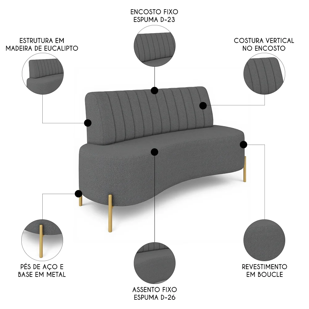 Sofá 2 Lugares 160cm Pés Aço Dourado Tamar Boucle Grafite Z08 - Mpozenato